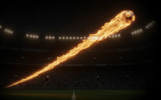 Stylizowana ilustracja płonącej piłki nożnej przelatującej nad oświetlonym stadionem, symbolizująca rosnący mnożnik gry crash Betiator