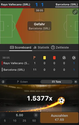 Plansza meczu z oznaczeniem „Gefahr” podczas ataku Barcelony (SRL) przy wyniku 1:1, poniżej widżet Betiatora z mnożnikiem 1,5377x i wyszarzonym przyciskiem „Auszahlen €7,69”